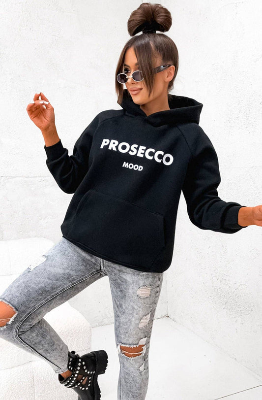 'Prosecco Mood' Oversized Hooded Sweatshirt Top-Black