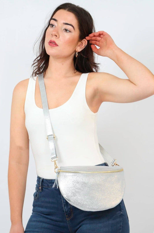 Meadow - Italian Leather Half Moon Crossbody Bag - Silver