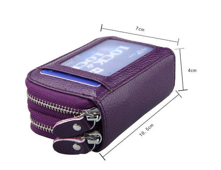 RFID Real Leather Double Zip Card Holder Coin Purse -1904