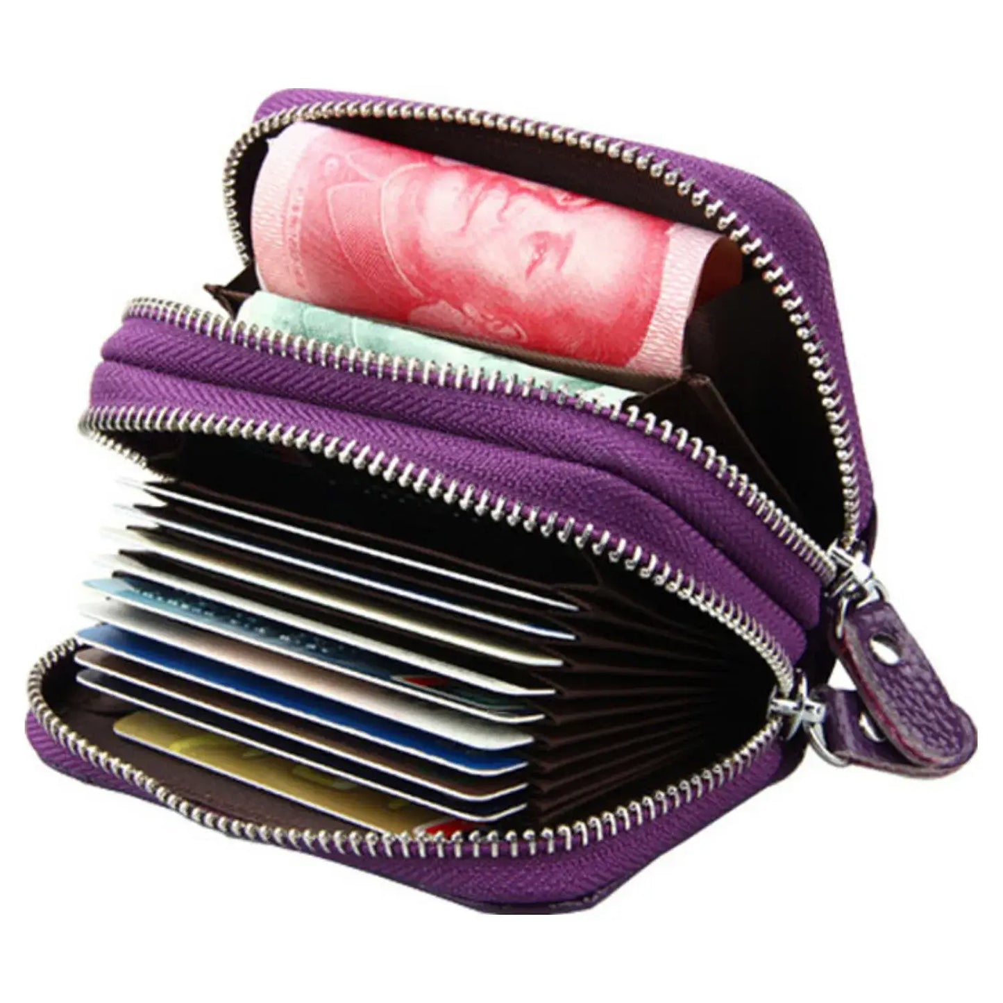 RFID Real Leather Double Zip Card Holder Coin Purse -1904