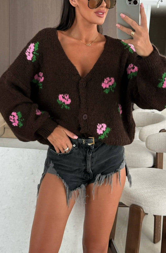 Rozie Floral Knitted Cardigan-Dark Brown
