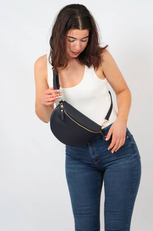 Meadow - Italian Leather Half Moon Crossbody Bag - Navy