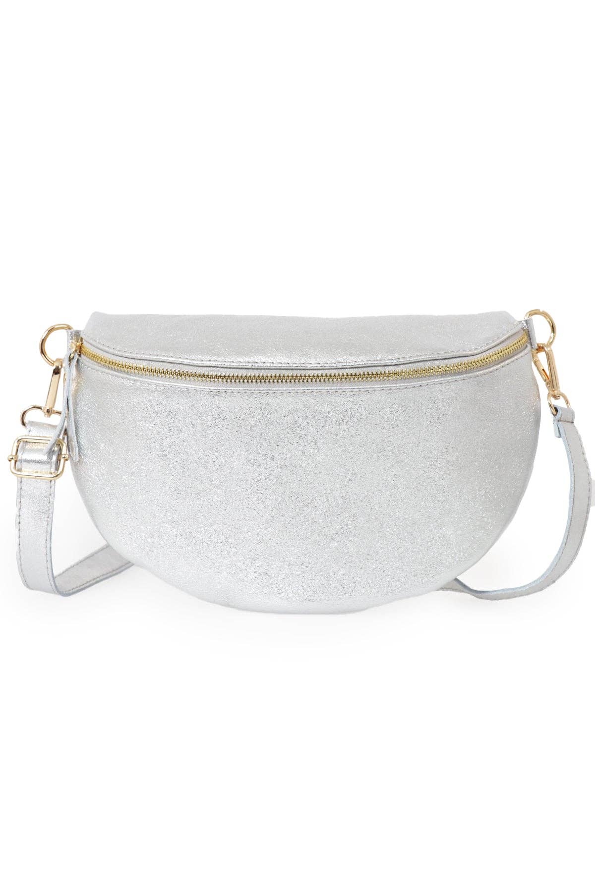Meadow - Italian Leather Half Moon Crossbody Bag - Silver