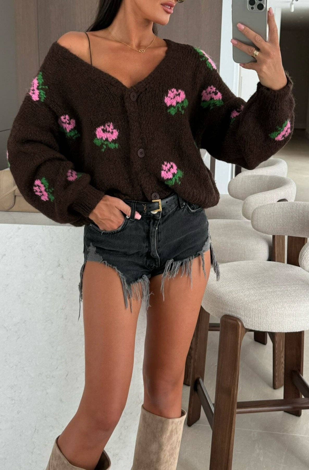 Rozie Floral Knitted Cardigan-Dark Brown