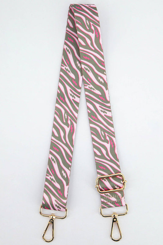Two Tone Zebra and Lightning Bolt Bag Strap in Khaki & Pink - Pursenalities_uk