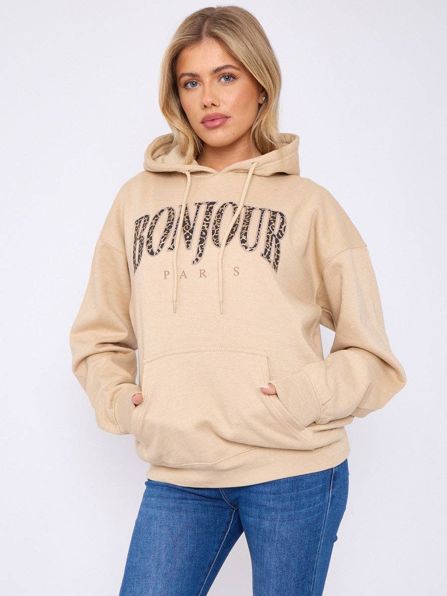 Bonjour Leopard Print Graphic Hoodie